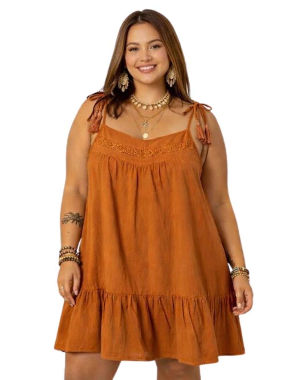 Rust Orange Boho Dress XL Crochet Detail Tassel Tie Straps Ruffle Hem